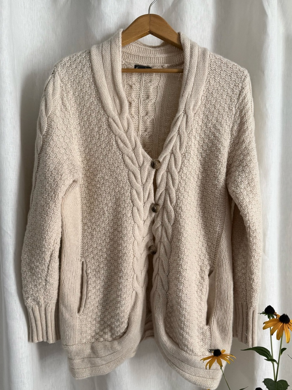 Eddie Bauer XL Ivory Lambswool Cable Knit Longline Cardigan Sweater Cozy Cabin